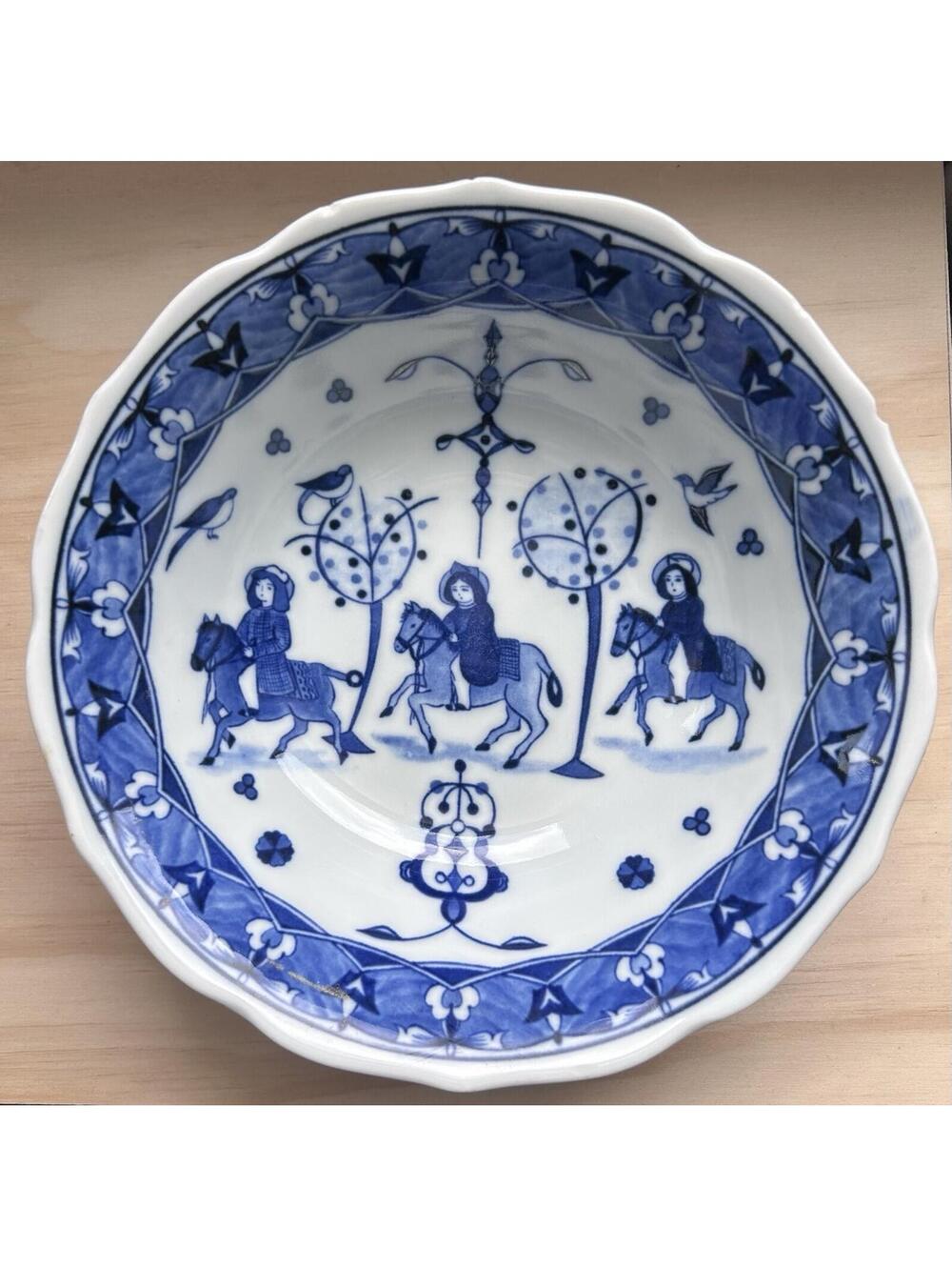 Chinese Blue and White Porcelain Bowl with Horse Riders Motif 7 1/2 inches.